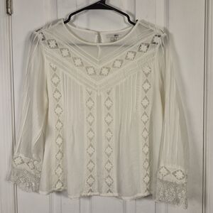 Amuse Society Ivory Lace Sheer Blouse – Pin-Tuck Boho Cottagecore Top Size L